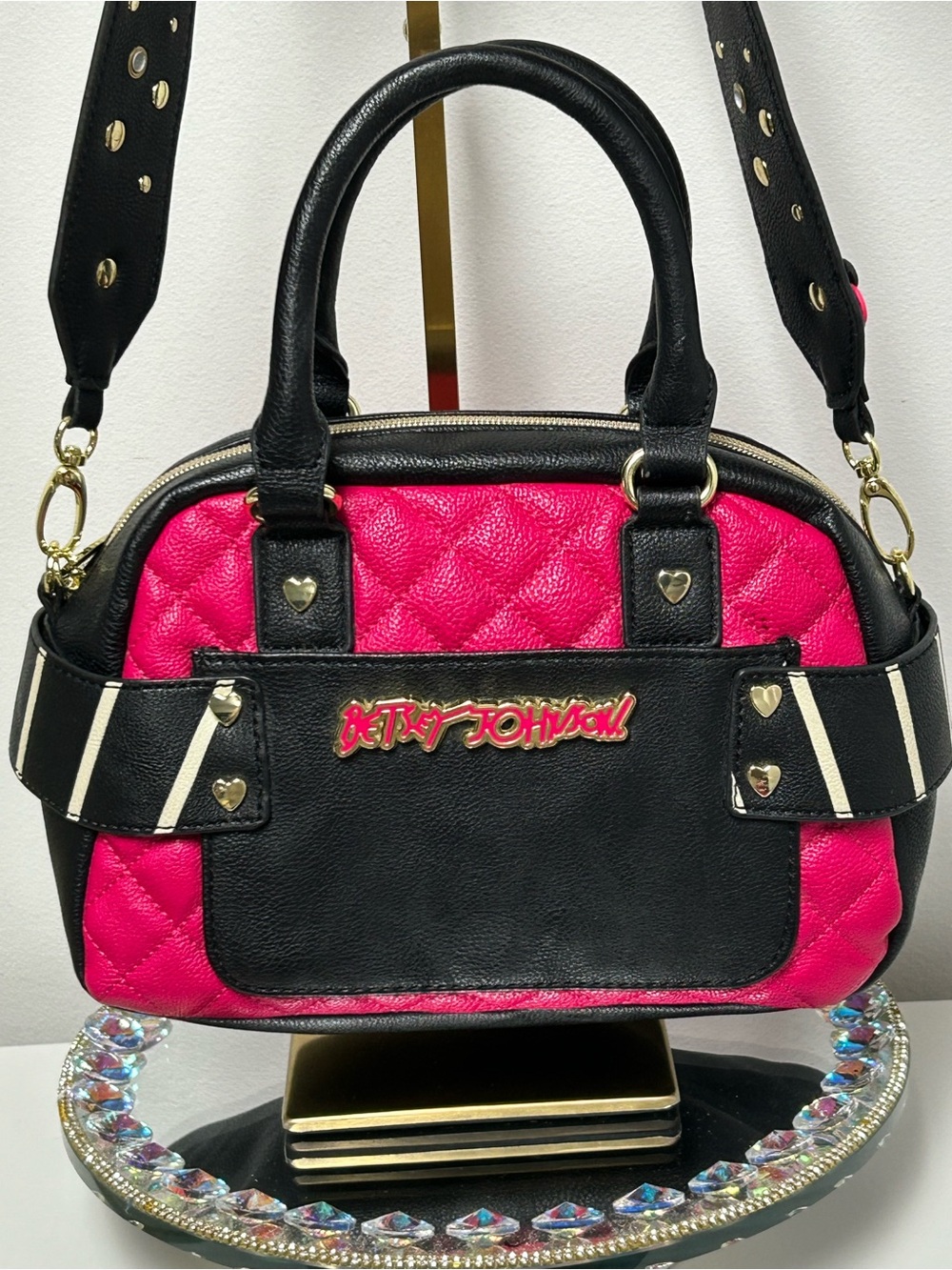 Betsey Johnson Hot Pink and Black Quilted Satchel with Gold Accents